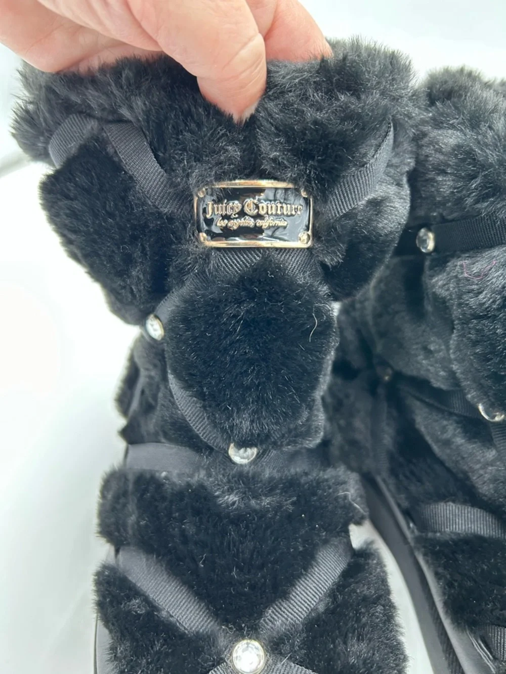 Juicy Couture Black Knockout Faux Fur Crystal Trim Winter Boots 8